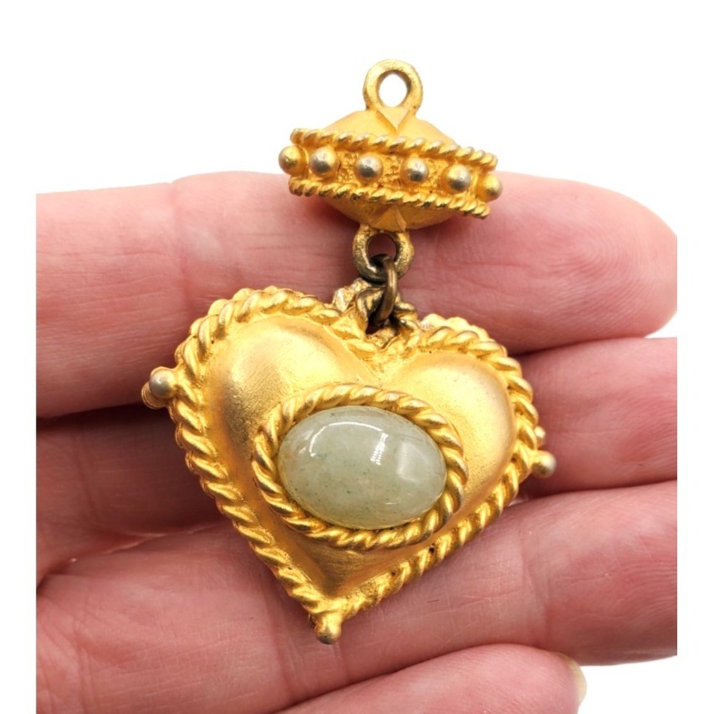 Vintage Patti Horn PH Double Heart Pendant Green Stone Cabochons Matte Gold
